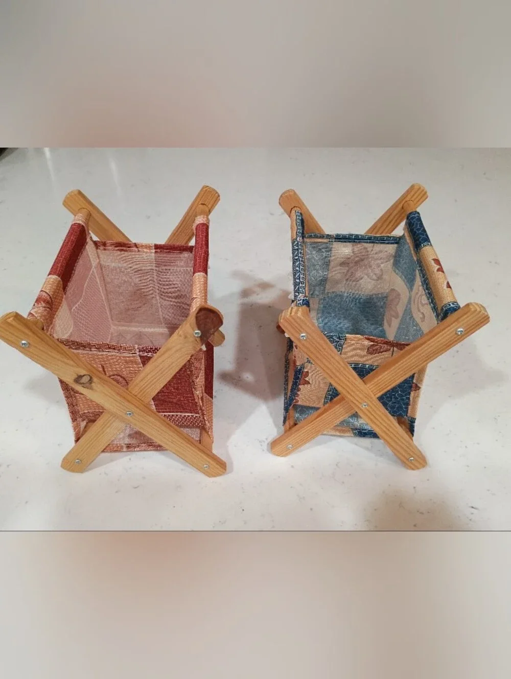 Set Of Vintage Wooden Knitting Caddies - Red and Blue